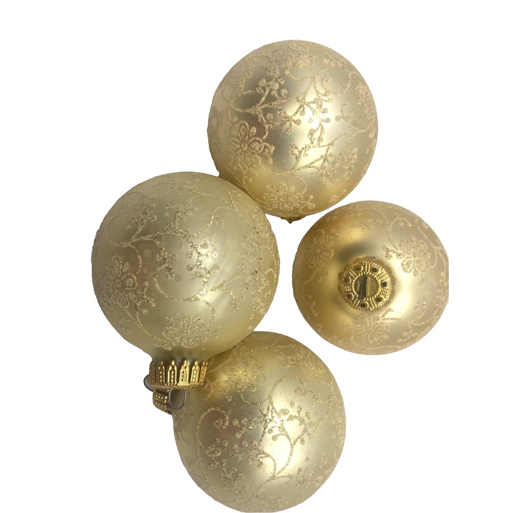 4 Vtg Christmas Ornaments Round Gold Floral Glitter West Germany‎